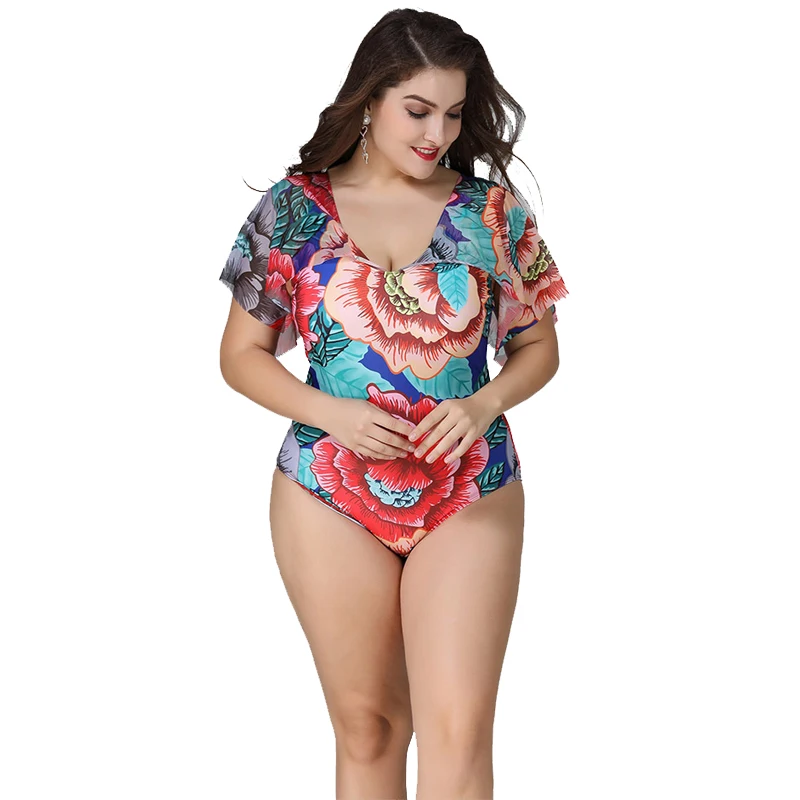 

2020 Sexy One Piece Swimsuit Women Plus Size Bikini Print Big Breast Vintage Swimwear Mesh Patchwork Bathing Suit Beach Suit 4XL