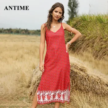 

Antime Summer Spaghetti Strap Dress Loose Beach Spaghetti Strap V-Neck Party Backless Bohemian Women Midi Printed Dresses