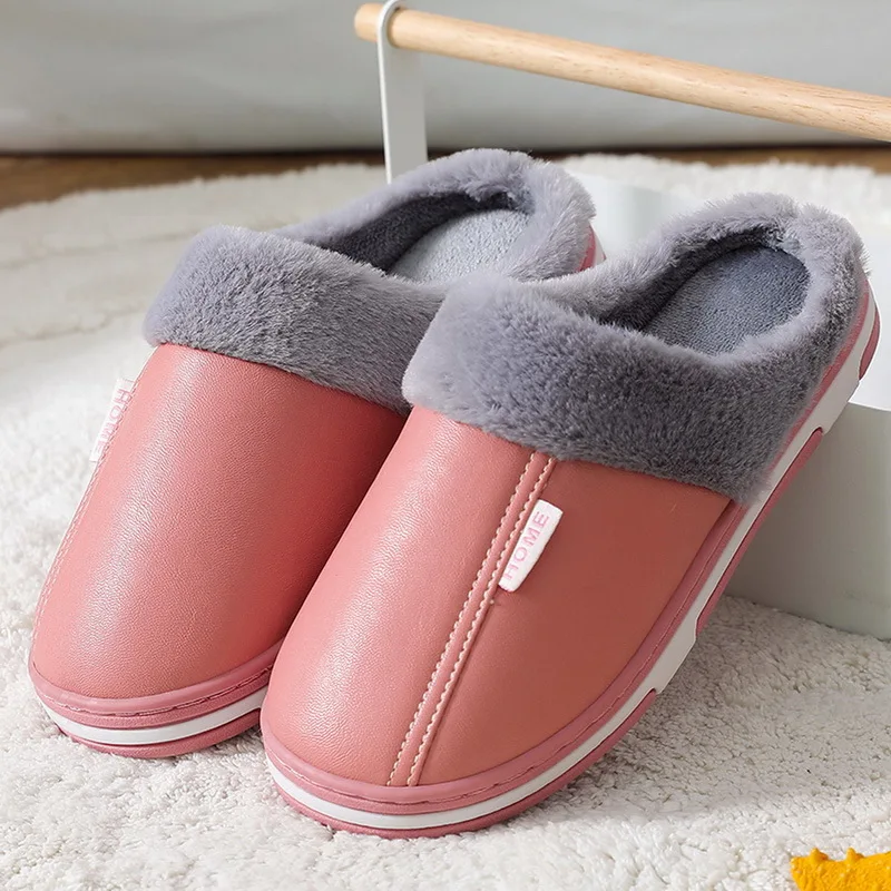 Waterproof Indoor Shoes Woman Men Winter Home Slippers Faux Leather Warm Plush Lovers House Floor Slippers Anti-slip Footwear 