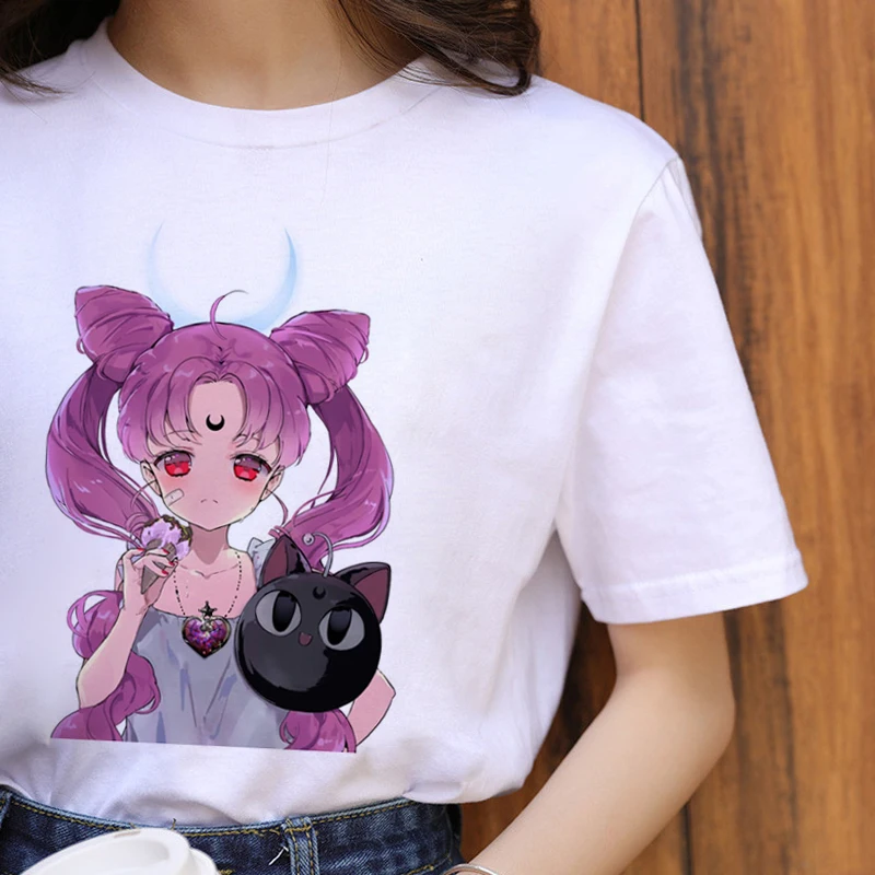 Sailor Moon Kawaii Harajuku футболка женская Ullzang забавная футболка с рисунком аниме кошки 90s корейский стиль Футболка Модный Графический Топ Женская