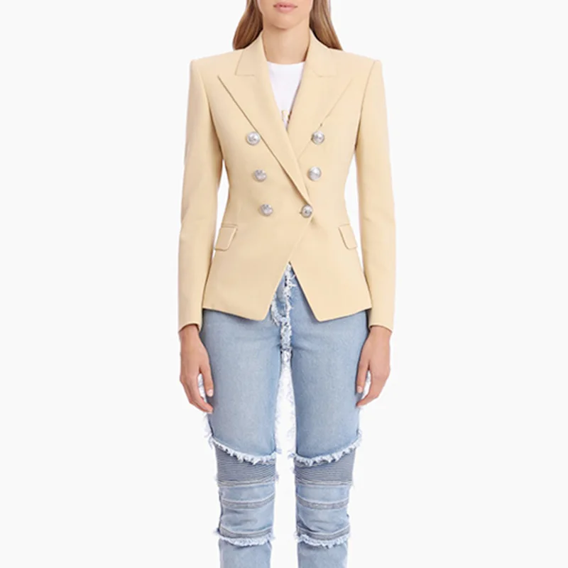 

Plus Size Beige Solid Women Blazer Double Breasted European American Design Slim Casual Jackets Blazers