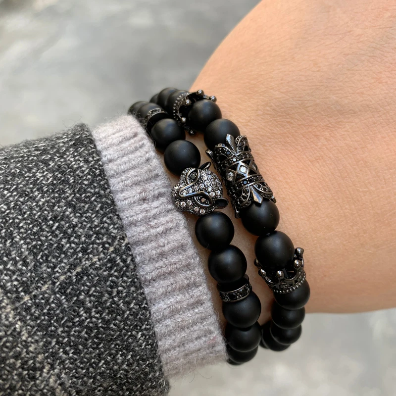 2020 Fashion New Black Crown Leopard Men Bracelet 8mm Stone Matte Bead For Jewelry Gift | Украшения и аксессуары