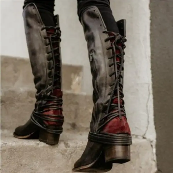 Sapato feminino/женские сапоги; Винтажная обувь до колена из искусственной кожи; Женская обувь в гладиаторском стиле с перекрестной шнуровкой; chaussure