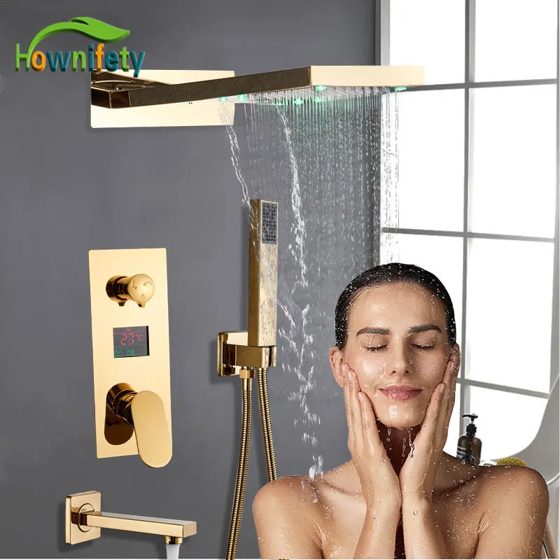 3 Way Золотой Waterefall набор для душа в конечном итоге душ опыт светодиодный кран