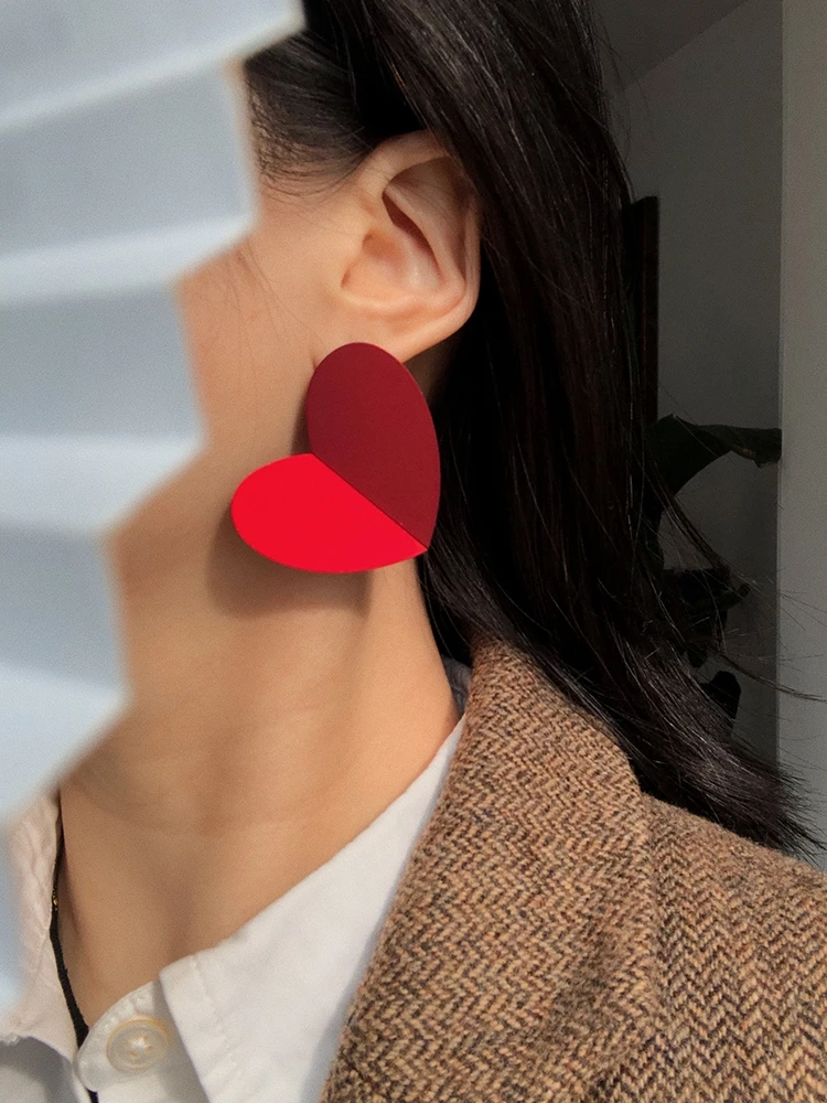 AENSOA 2020 Korean Big Red Heart Earrings For Women Fashion Sweet Fold Heart Statement
