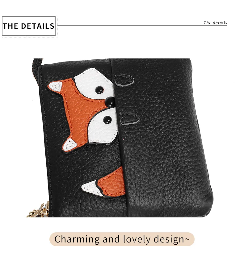 WESTCREEK Brand Fox Pattern Slim Genuine Leather Cute Coin Purse and Card Clip Wrist Small wallet with Key Ring