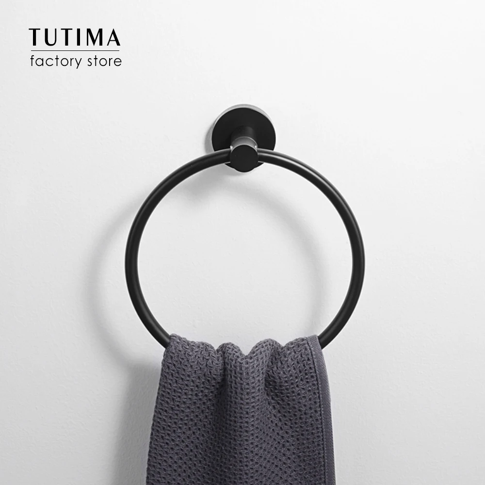 

TUTIMA Free Shipping Black Towel Holder Towel Ring Round Wall Mounted Towel Rack Towel Shelf Stainless Steel Bathroom Accessorie