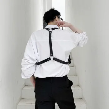 

M-XL Men Shoulders Leather Belt Long Sleeve Casual Shirts Male Fashion Hip Hop Vintage Loose Shirts Stage Clothes