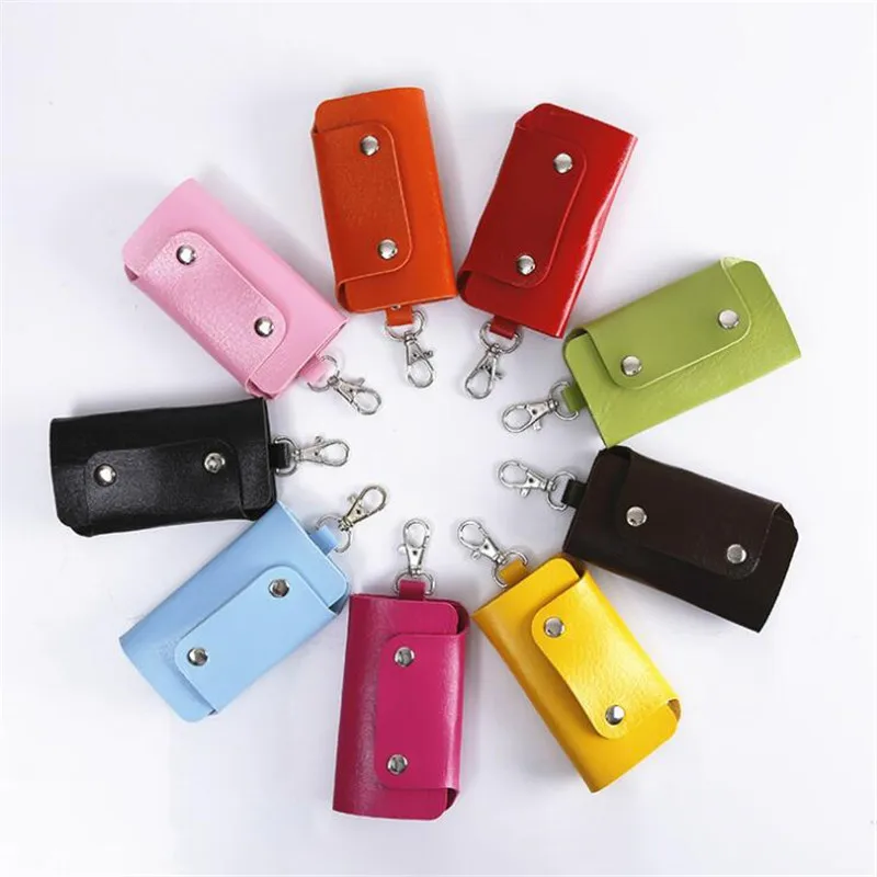 1pc Portable Leather Housekeeper Holders Car Keychain Key Holder Bag Case Unisex Wallet Cover Simple Solid Color Storage Bag