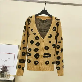 

Autumn Classic Leopard V-Neck Knit Cardigan Casual Women Single-Breasted Print Sweater
