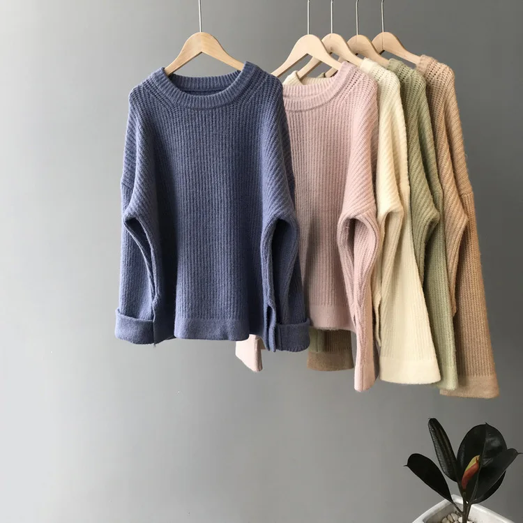 Sweater female 2019 autumn new loose sweater sweater solid color round neck knit thick sweater sweater blouse Sweater female 2019 autumn new loose sweater sweater solid color round neck knit thick sweater sweater blouse