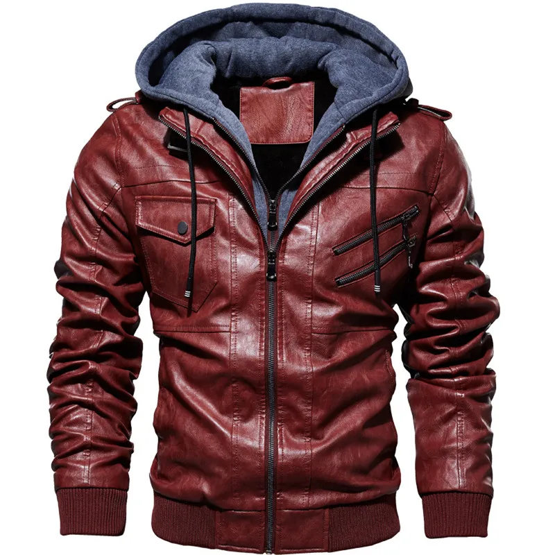 

Men's Leather Jacket Hooded Motorcycle PU Jacket Men 2019 Retro fashion Oblique Zipper Autumn Winter Leather Jackets Coat M-4XL