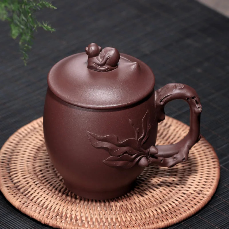 Office Clay Cup with Cover Flower Stickers Entirely Handmade Cup Longevity Peach Cup Top Grade Tea Set Gift Customization Manufa
