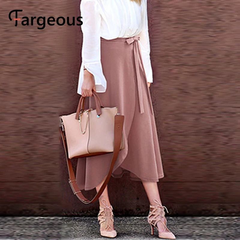 Fargeous Solid Color Wrap Lace up Skirt Women Elegant High Waist Ruffle Midi Skirts Ladies Summer Casual A Line Plus Size | Женская