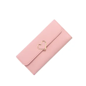 

Factory Direct New Women's Long Tri-Fold Wallet Metal Heart-Style Japanese And Korean-Style Clutch Multiple Card Slots