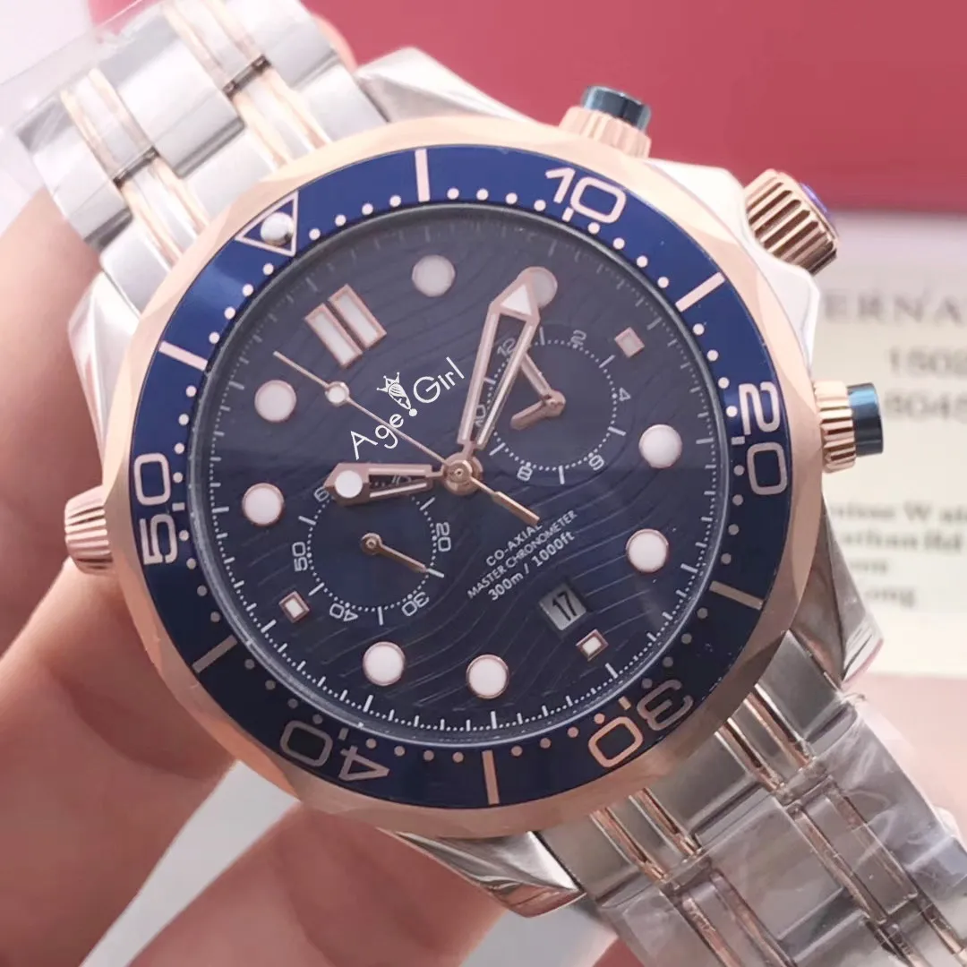 

Luxury Brand New Men Automatic Mechanical Watch Silver Rose Gold James Bond 007 Blue Ceramic Bezel Sapphire Glass Back AAA+ 44MM