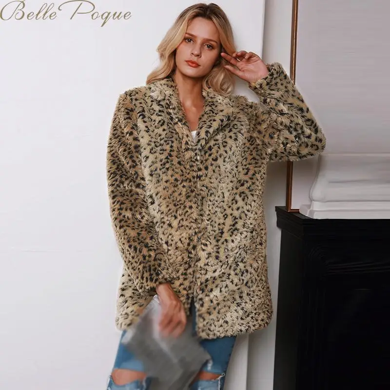 Belle Poque, теплое зимнее пальто из искусственного меха, женские куртки с отложным воротником, женские леопардовые куртки на молнии, свободные длинные женские куртки средней длины