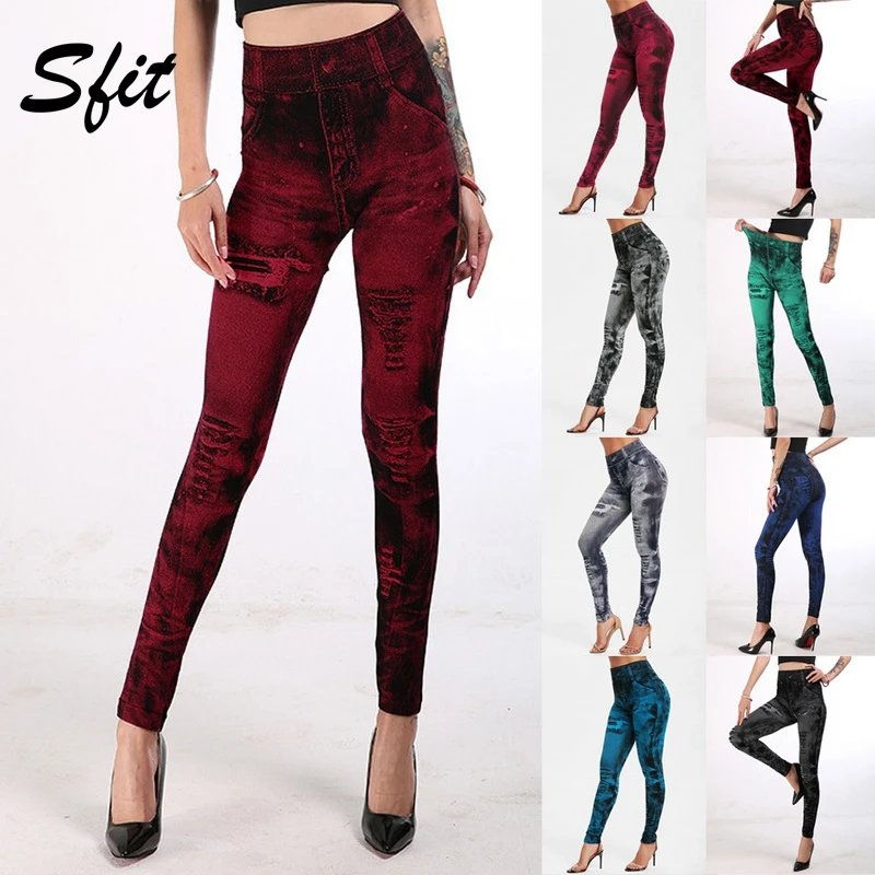 

SFIT Women Pull Cashmere Body Imitation Jeans Stretchable Slim Leggings Hips Tights Pencil Pants Denim Pants High Waist Fitness