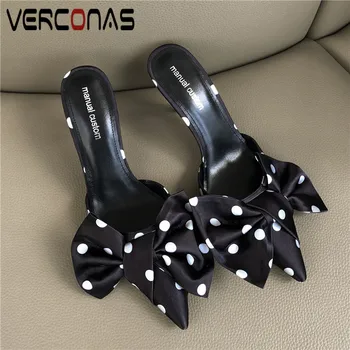 

VERCONAS Summer Mules 2020 Fashion Women Sandals Slik Woman Pumps Butterfly-Knot Wave Point Pointed Toe Thin Heels Shoes Woman