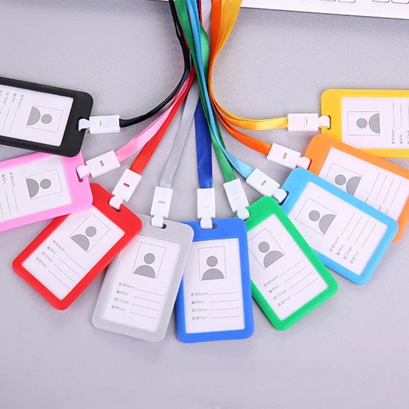 

Hot 1PC ID Card Holder Candy Color Work Universal Employee Name Tag With Hanging Rope Waterproof Plastic Card Case Neck Strap