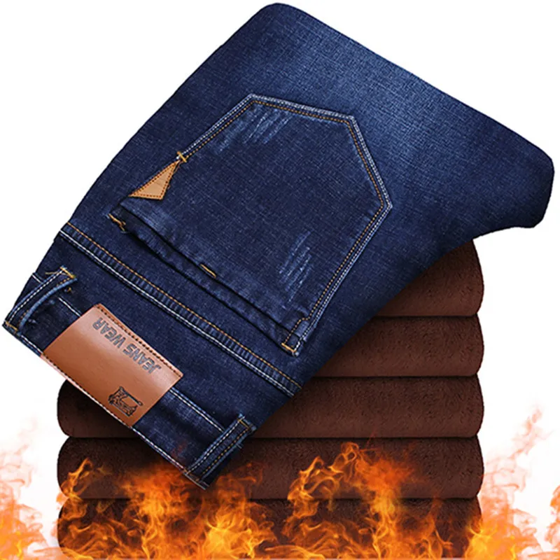 Зимние джинсы для мужчин 2 цвета Slim Fit стрейч толстые бархатные джинсовые штаны теплые джинсы для мужчин модные повседневные флисовые брюки мужские