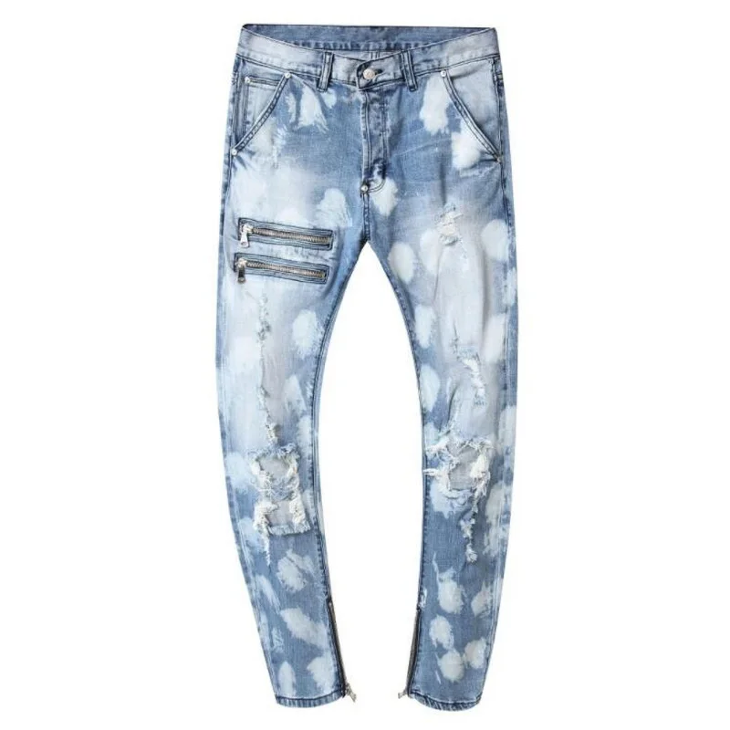 Men Jeans Hole Men's Slim-Fit Stretch Ripped With Cuffs Male Denim Trousers Plus Size 42 | Мужская одежда