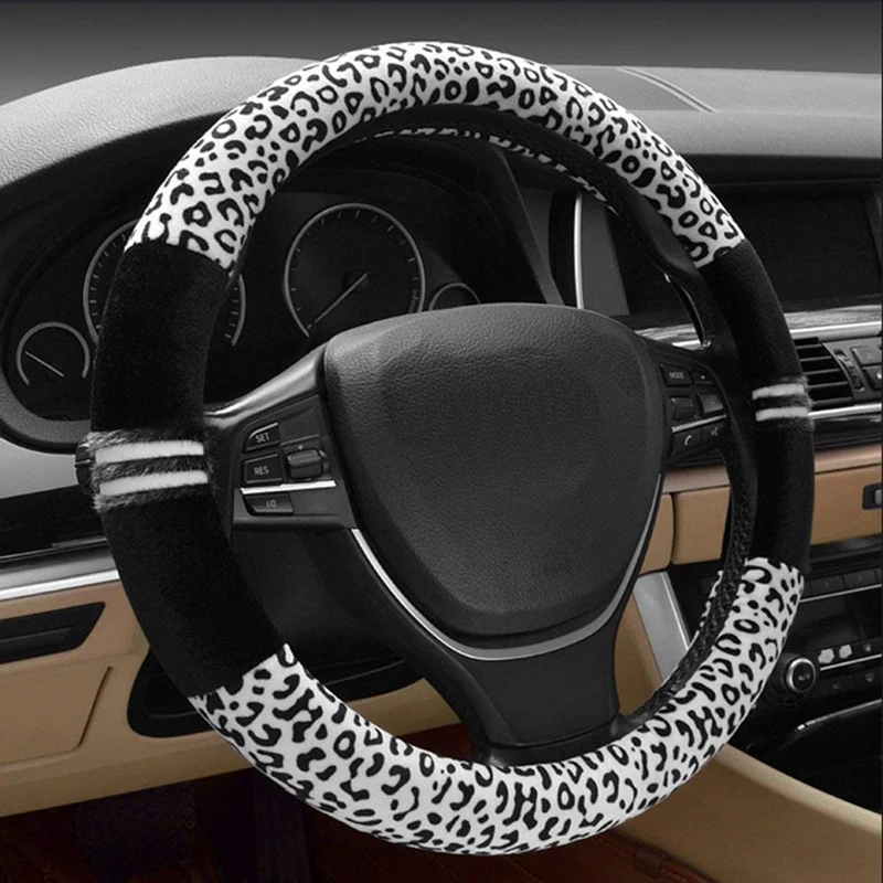 Роскошный с леопардовым принтом; Модный, плюшевый чехол рулевого колеса автомобиля, универсальный, пригодный, Утепленная одежда для автомобилей SUV