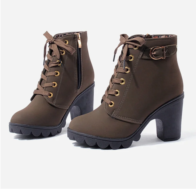 New Winter Women Platform High Heels Ankle Boots Women Boots Buckle Shoes Thick Heel Short Martin snow Boots Ladies mujer T090 - Цвет: Army Green