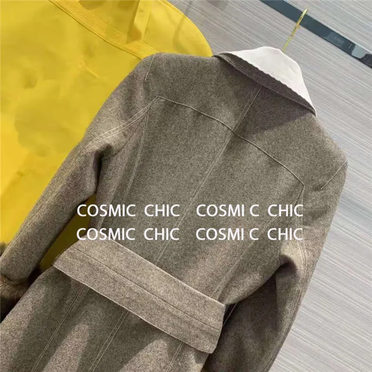 Cosmicchic зимняя женская теплая куртка дизайнерское двубортное саржевое шерстяное пальто из кожи с рукавом норки элегантное приталенное пальто