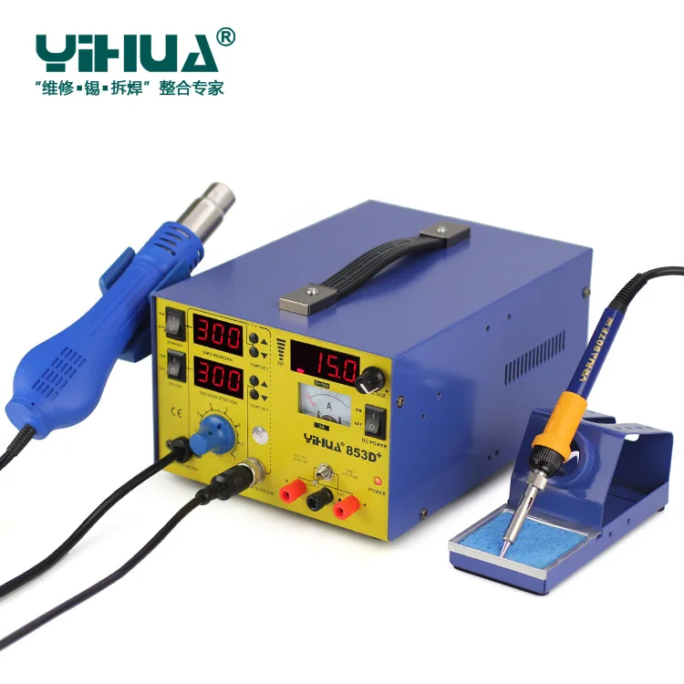 YIHUA 853D+ 3A Высокая мощность цифровой дисплей паяльная Тепловая пушка Регулируемая температура BGA паяльная станция+ паяльник