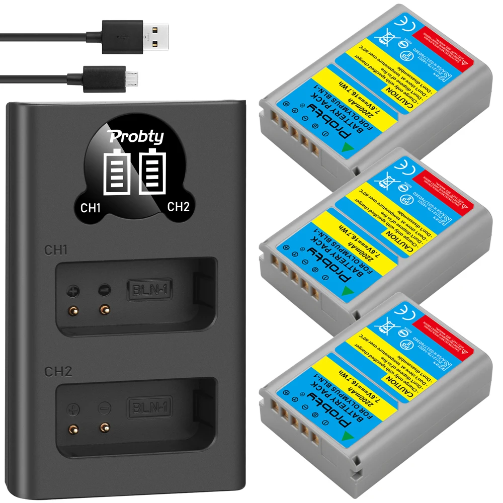 Аккумуляторы для Olympus 2200 мач BLN1 + двойной светодиодный USB аккумулятор зарядное