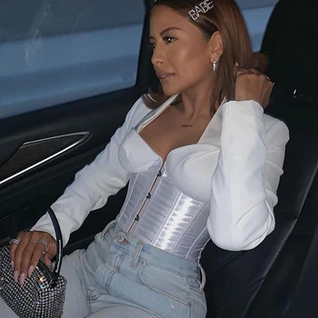 

OMILKA Lace Up Hook Bustier Blouse 2020 Spring Women Long Sleeve V Neck Black White Club Party Corset Tops and Blouses