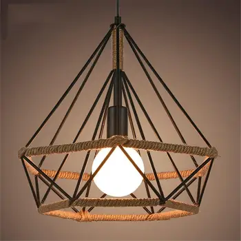 

Industrial Vintage Cage Chandelier Retro Loft Pyramid Hemp Rope Lamp Style Cafe Dining Ceiling Lamp Diameter 25 cm