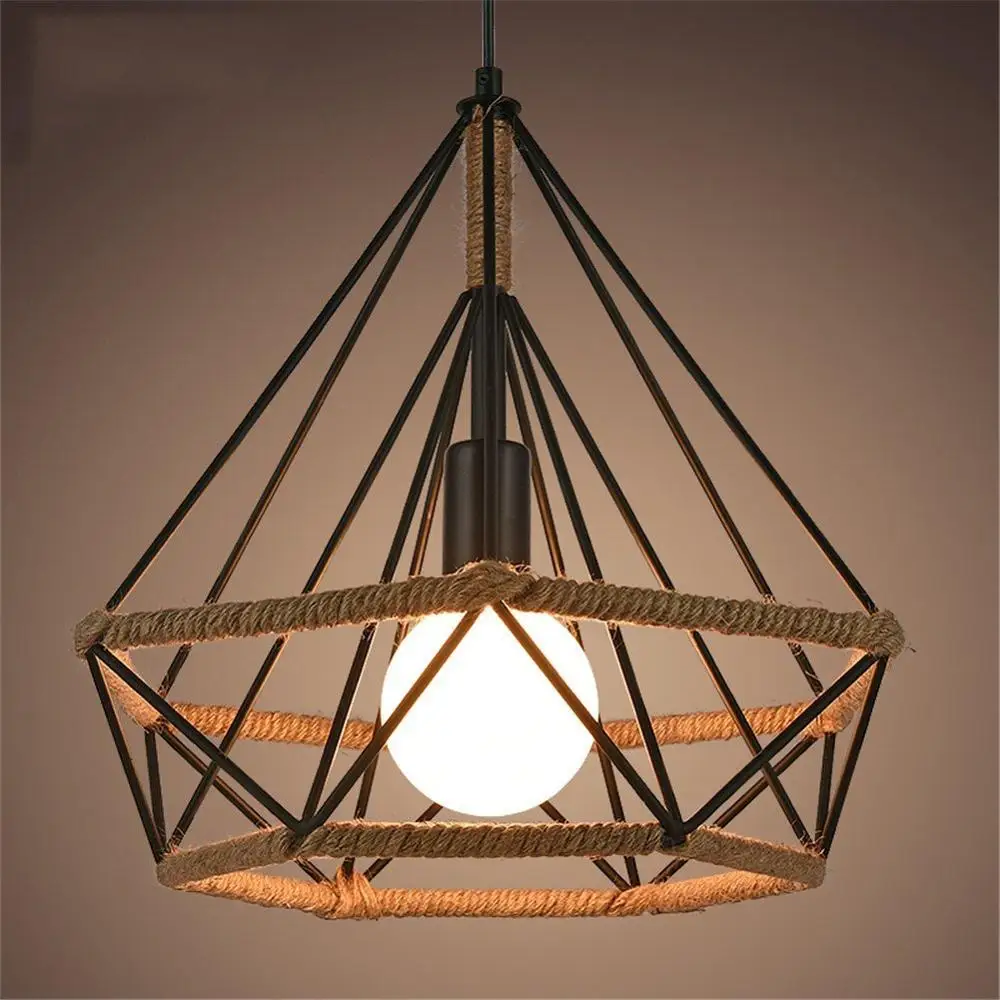 

Industrial Vintage Cage Retro Loft Pyramid Hemp Rope Lamp Style Cafe Dining Diameter 25cm Ceiling Lamp