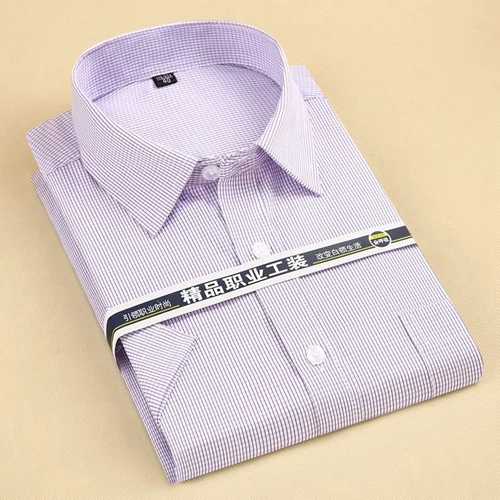 24 purple plaid Большие размеры XXXL 4XL 5XL 6XL фиолетовый твил Твердые с коротким рукавом летние мужские рабочие Рубашки Высокое качество Классический дизайн мужские рубашки - Цвет: 24 purple plaid