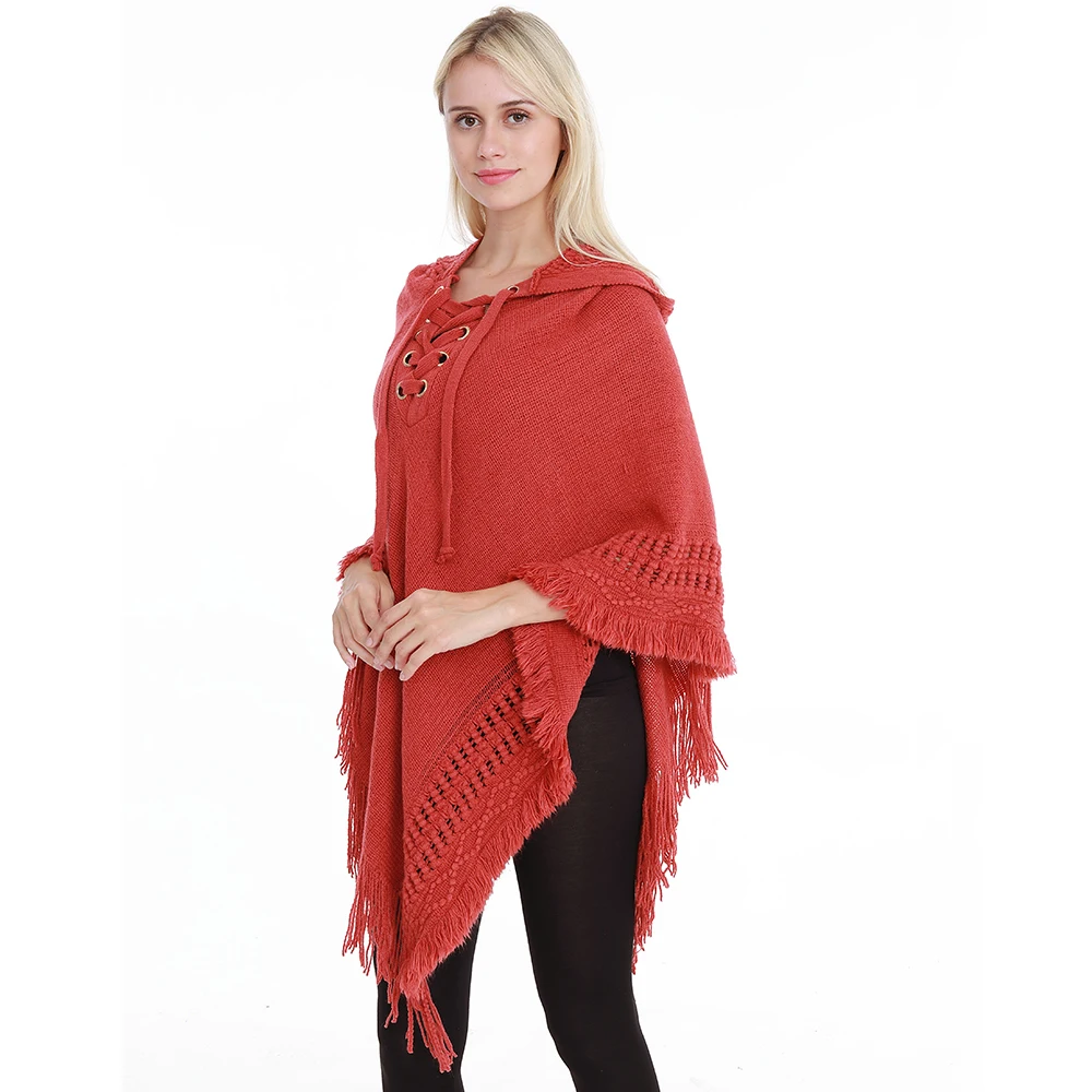 2019New Ladies Hooded Poncho Solid Color Cape With Rope Tassel Crochet Knitting Poncho For Women Pullover - Цвет: Бордовый