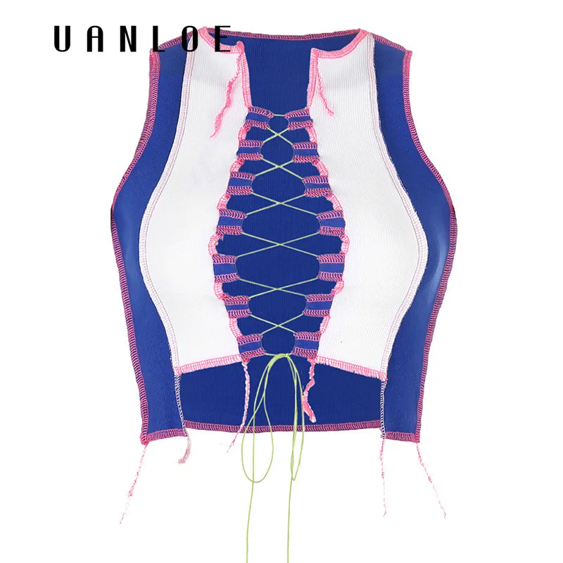 

Patchwork Sexy Low Cut Lace Up Crop Top Women Rave Party Club Retro Streetwear Tank Tops Summer Gothic Female Vest y2k
