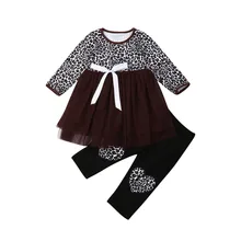 Focusnorm/модные комплекты одежды из 2 предметов для маленьких девочек Рубашка с длинными рукавами леопардовые топы, платье+ леггинсы, комплект из 2 предметов