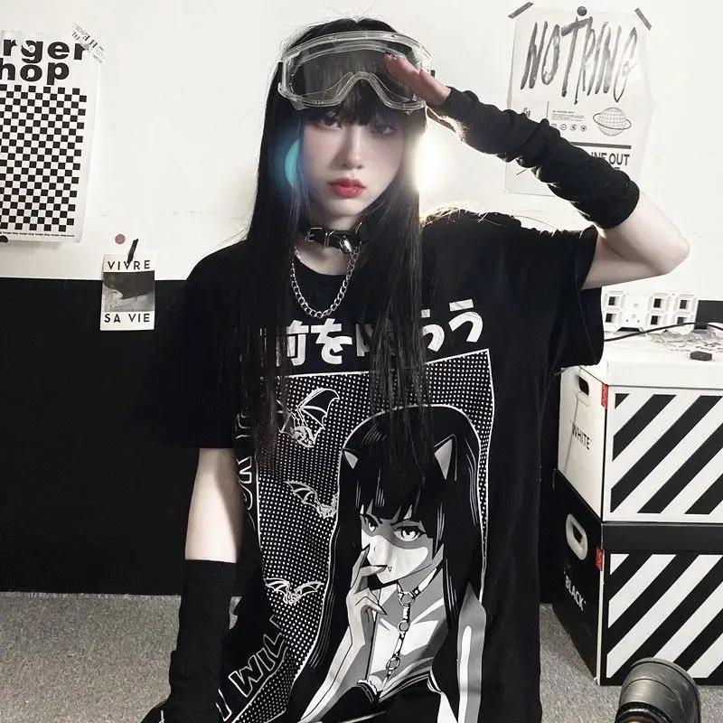 Kawaii Anime Goth Tshirt Women Oversized Emo Punk Harajuku Summer Top Dark Aesthetic Fairy Grunge Plus Alternative Clothes _ - AliExpress Mobile