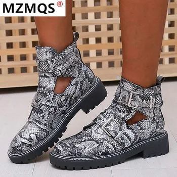 

Women Ankle Boots Snake Pattern Thick Heel Autumn Ladies PU Leather Buckle Square Heels Women Boot Casual Shoes Botas Mujer