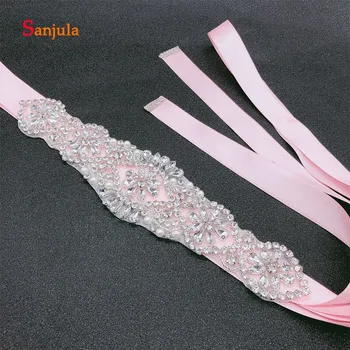 

Pink Satin Sash Belt Flower Shape Rhinestones Pearls Wedding Belt 2019 Formal Dress Accessories Belt cintura gioiello B45