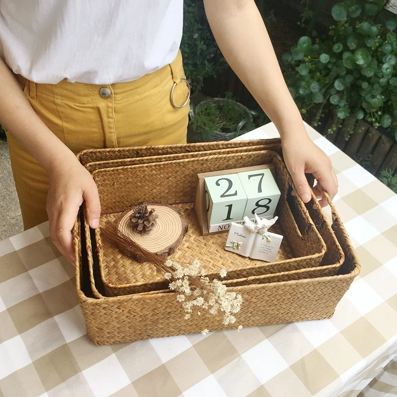 Корзина из ротанга ручной работы, плетеная корзина для хранения водорослей, журнальный столик, тарелка для закусок, косметический ящик для хранения мусора, рабочий стол, отделочная коробка