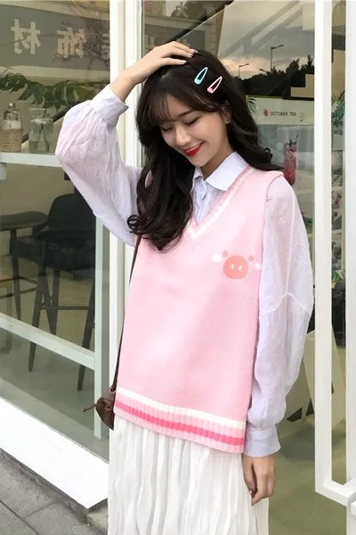 Ulzzang Свободный корейский стиль студентов вышитые мягкие девушки колледж жилет свитер вязаный жилет женщин