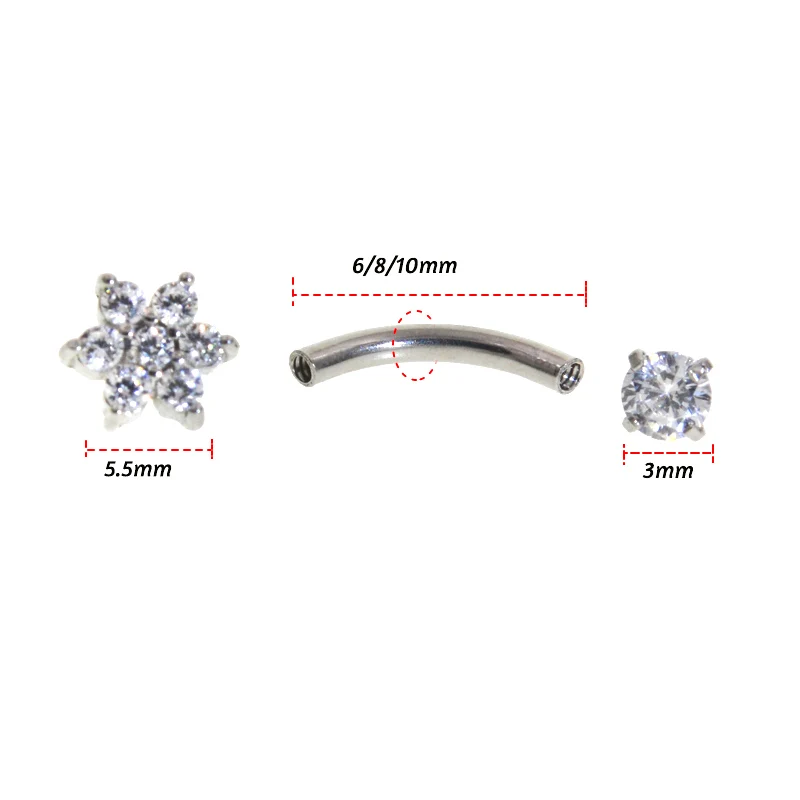Crystal & Steel Gem Eyebrow Ring Tragus Helix Rook Earring Piercings Curved Banana Piercing Bijoux Lip Helix Rings Jewelry 2Pcs