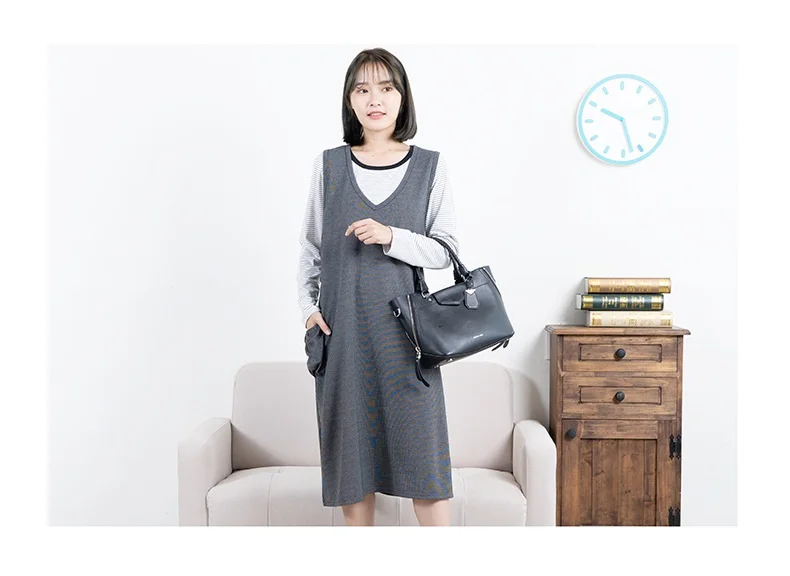 Модное платье для беременных осенне-зимнее новое платье большого размера из двух частей для беременных халат для кормящих женщин с длинными рукавами - Цвет: Серый