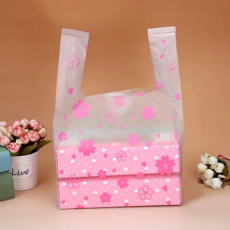 100pcs Pink Cherry Blossoms Plastic Gift Bag Cookie Pie Packing Bag with Handles Hot Pink Flower
