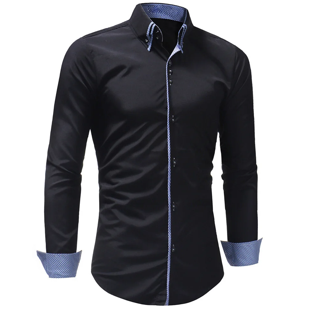 Мужская Однотонная рубашка с длинным рукавом и отложным воротником, хлопковая тонкая деловая рубашка - Цвет: Черный