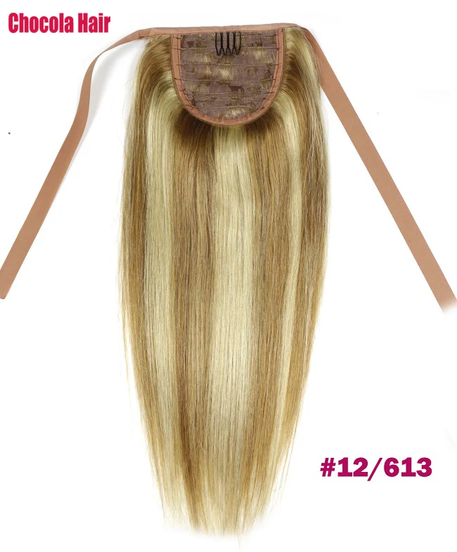 P12/613 Chocola 16"-24" 80g Brazilian Machine Made Remy Hair Ribbon Ponytail Clip In Human Hair Extensions Horsetail Stragiht - Цвет: P12/613