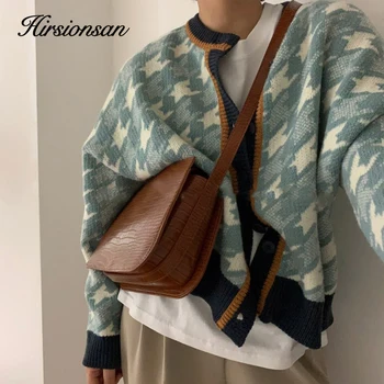 

Hirsionsan O Neck Houndstooth Knitted Cardigan Women 2020 Autumn New Korean Kawaii Sweater Chi Oversized Short Ladies Clothes