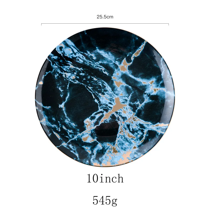 10 inch Dark blue 8/10 дюймов, керамическая мраморная обеденная тарелка, Золотая инкрустация, закуски, десерты, тарелка в западном стиле, фарфоровая посуда, кухонная посуда - Цвет: 10 inch Dark blue